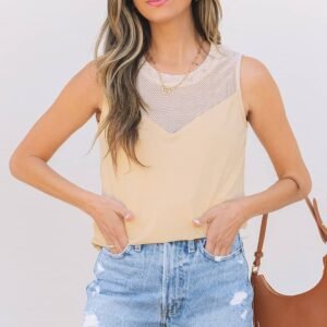 Oatmeal Solid Mesh Patchwork Crew Neck Tank Top