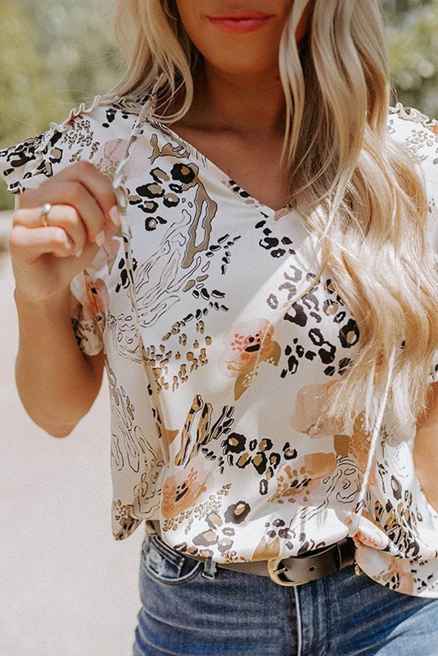 Gold Leopard Floral Print Split Neck Puff Sleeve Blouse