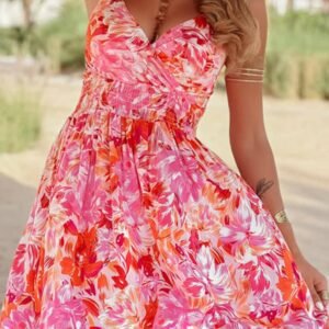 Red Floral Spaghetti Strap Surplice Neck Shirred Waist Mini Dress