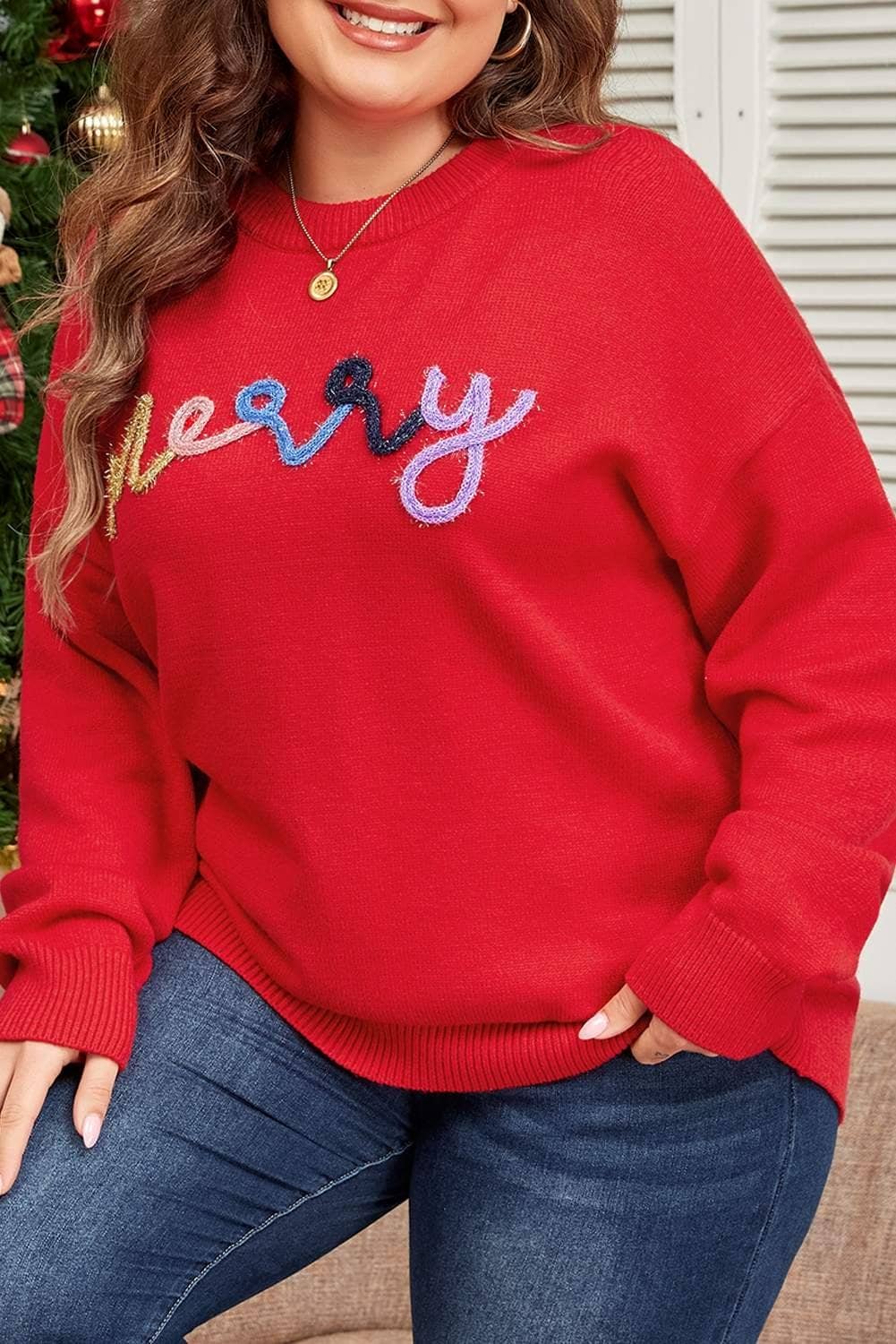 Fiery Red Tinsel Merry Pattern Drop Shoulder Plus Size Sweater