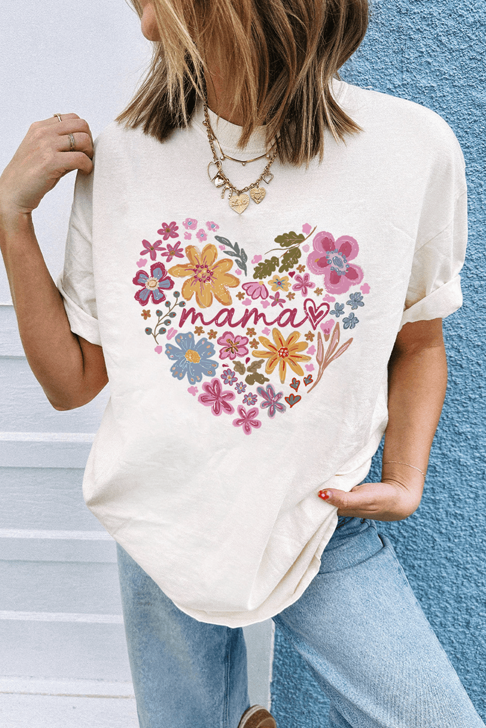 White Mama Flower Heart Cotton Blend Graphic Tee