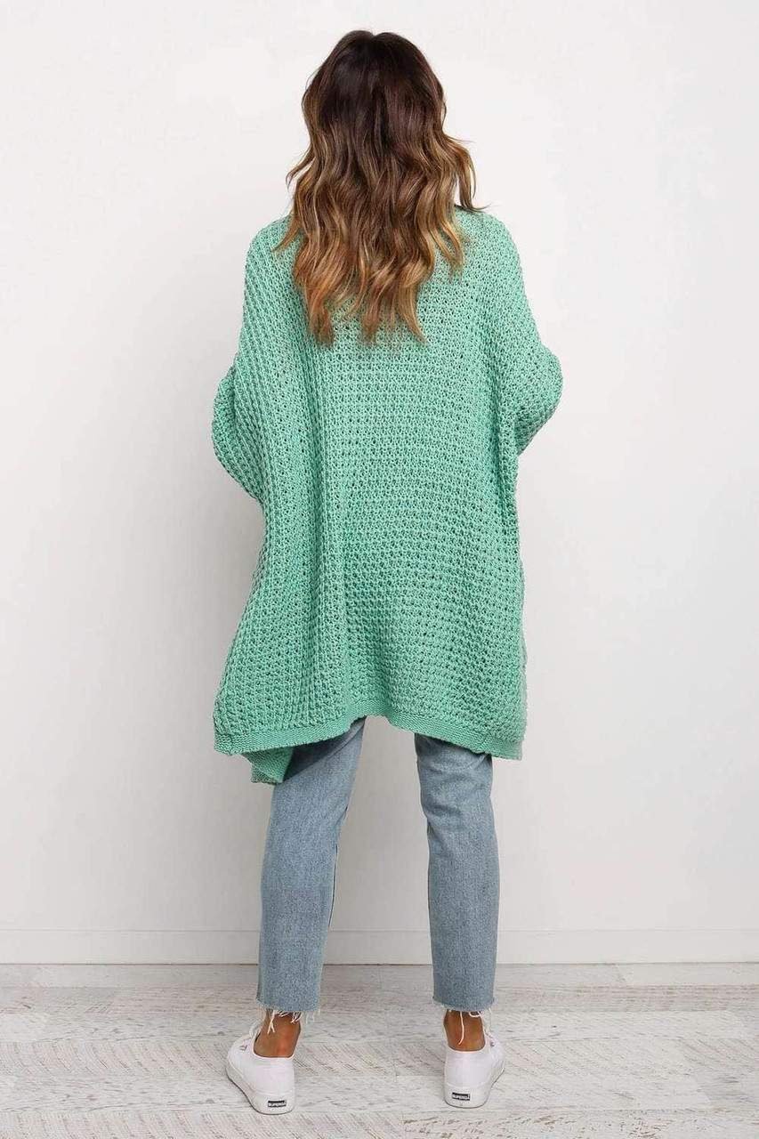 Green Long Line Open Front Knitted Cardigan With Pockets