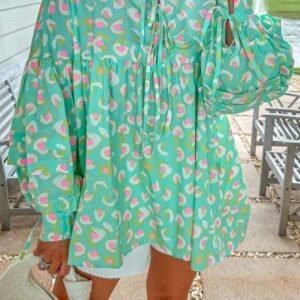 Green Abstract Printed Lace-Up Lantern Sleeve Babydoll Blouse