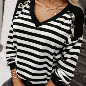 Black Stripe Crochet Hollow-Out Back Buttoned Shoulder V Neck Top