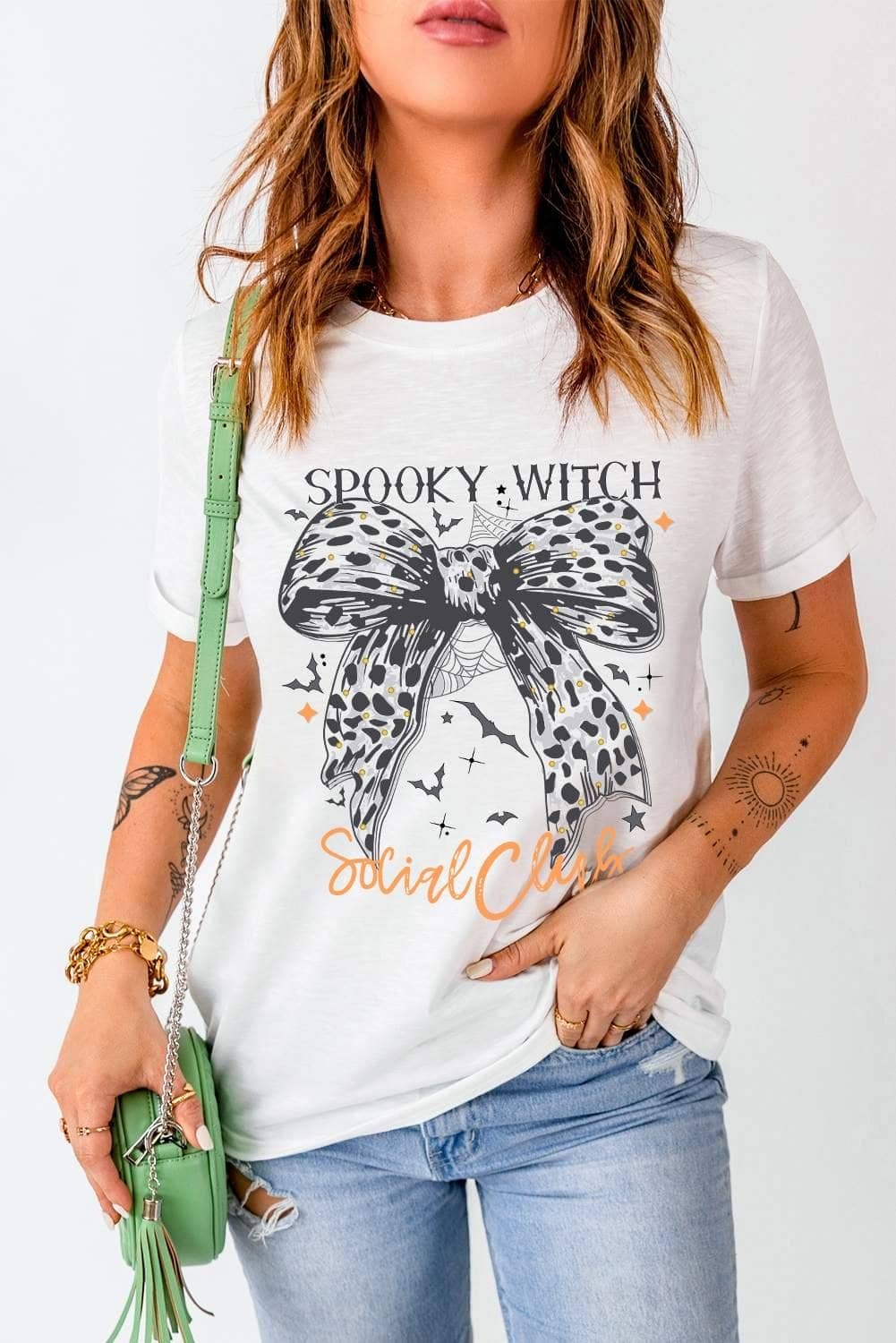 White Spooky Witch Leopard Bowknot Bat Graphic Halloween T Shirt