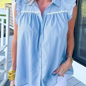 Sky Blue Ric Rac Trim Frilly Sleeveless Shirt