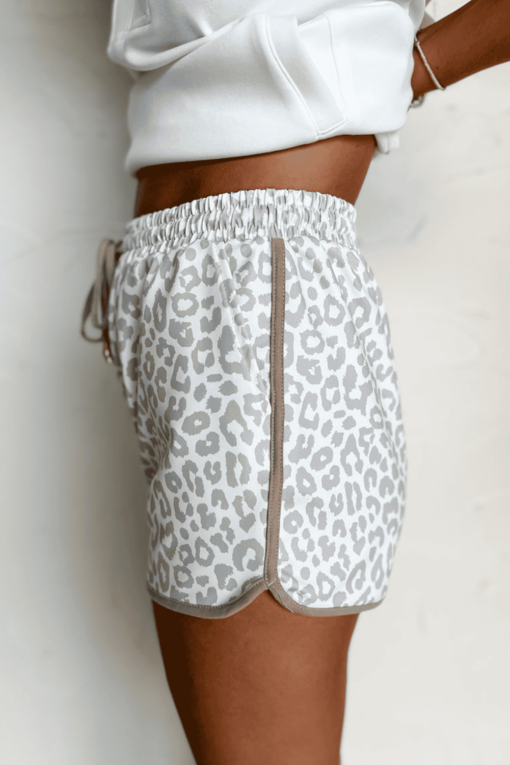 White Leopard Elastic Waist Lace Up Contrast Trim Casual Shorts
