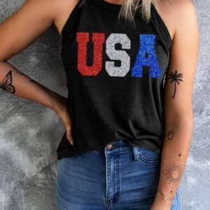 Black Glitter Usa Letters Graphic Tank Top