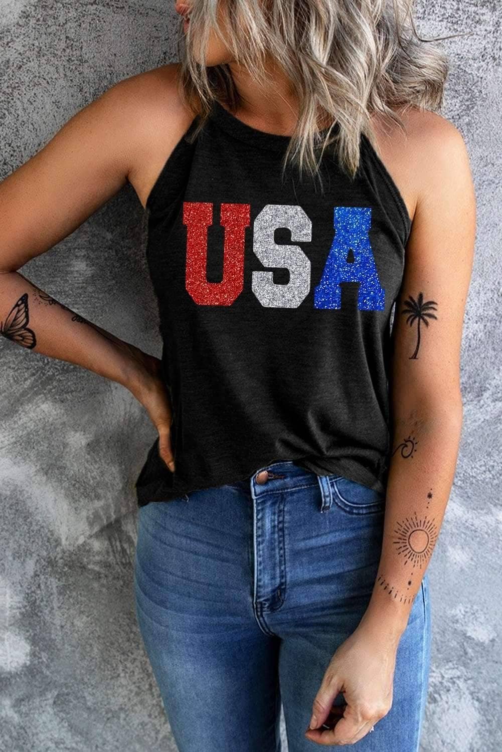 Black Glitter Usa Letters Graphic Tank Top