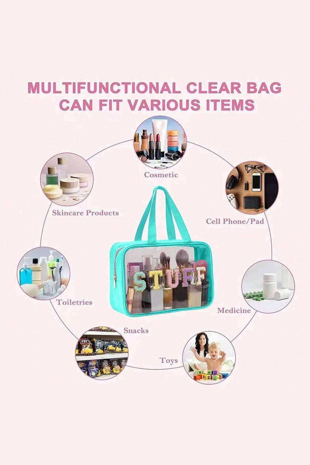 Light Blue Stuff Glitter Chenille Patched Transparent Makeup Bag