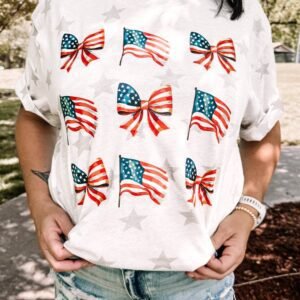 Khaki Patriotic Flag Bow Graphic Starry Round Neck T Shirt