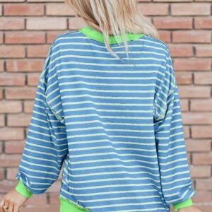 Sky Blue Stripe Contrast Trim High Low Pullover Tunic Sweatshirt