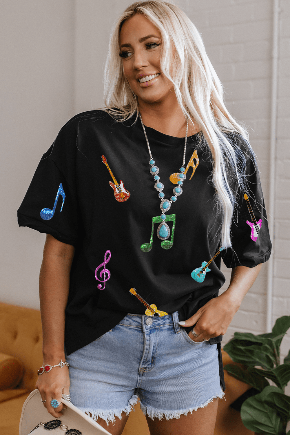 Black Guitar Music Notes Patched Graphic Oversize Tee