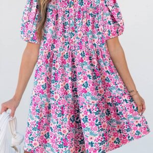 Pink Floral Collared Half Placket Short Sleeve Loose Dress