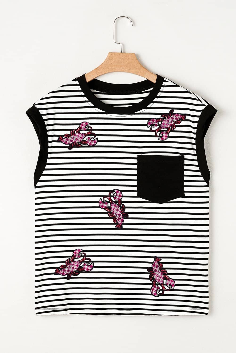 Black Stripe Sequined Lobster Patched Pocket Casual Tank Top
