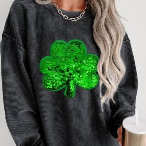 Black Sequin Embroidered Clover Corded Sweatshirt