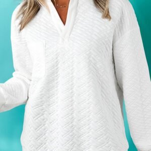White Textured Pocketed Collared V Neck Pullover Sweatshirt