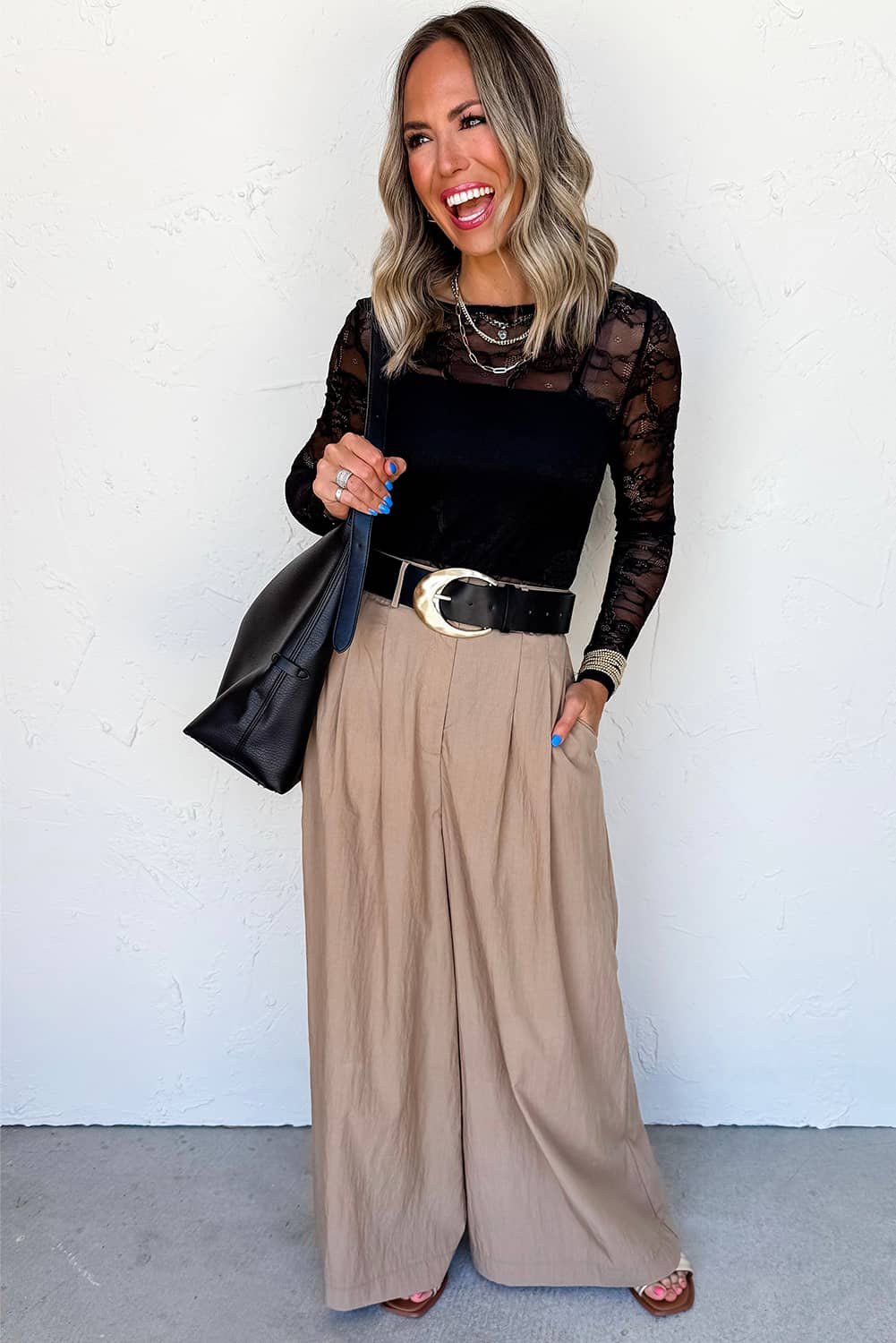 Black Lace Crochet Mesh Patched Slim Fit Long Sleeve Top