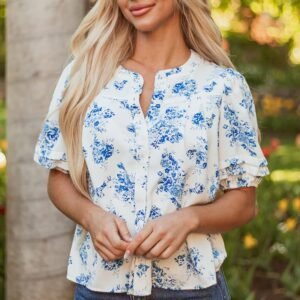 Sky Blue Floral Tiered Puff Short Sleeve Pleated Bust Buttoned Casual Shirt