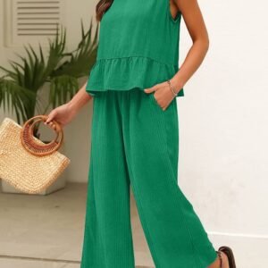 Green Solid Color Ribbed Ruffle Tank Top And Pants Set
