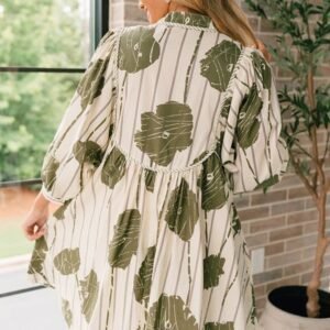 Guacamole Green Floral Striped Print Contrast Piping Puff Sleeve Dress
