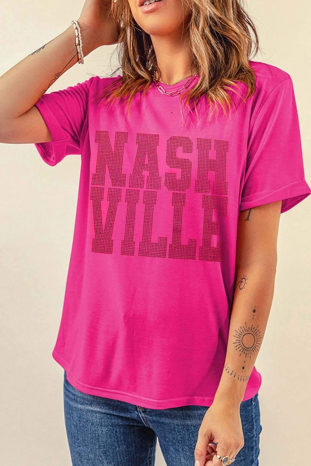 Rose Red Nashville Rhinestone Crew Neck Graphic Tee