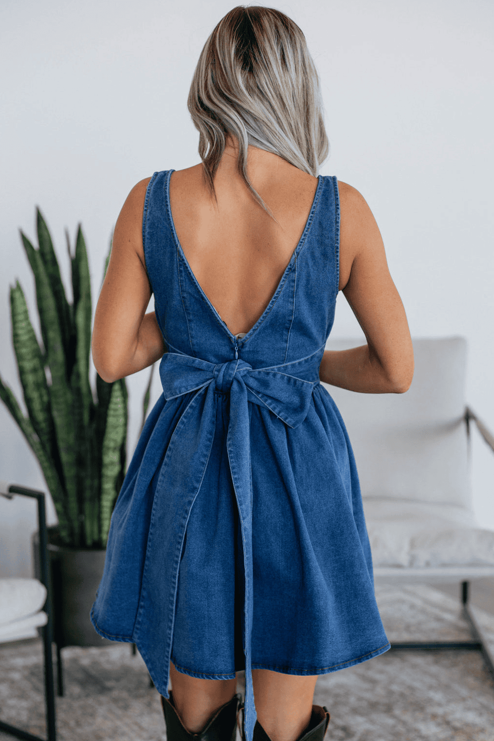 Sail Blue Square Neck Bowknot A-Line Sleeveless Denim Dress