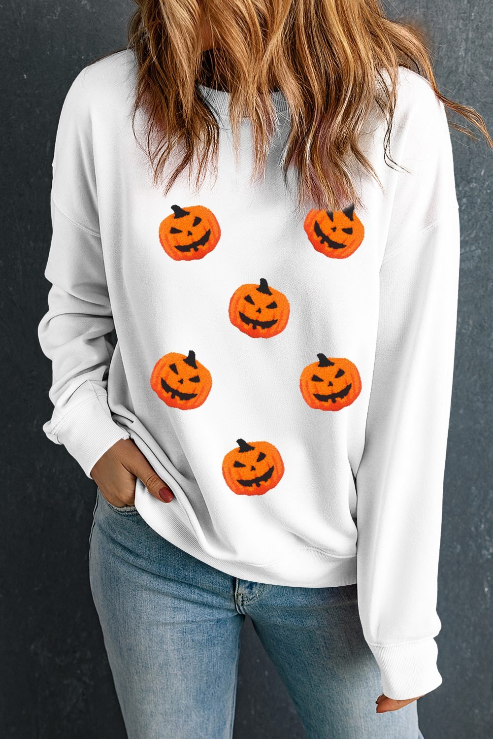 White Pumpkin Face Patched Pattern Halloween Crew Neck Sweatshirt