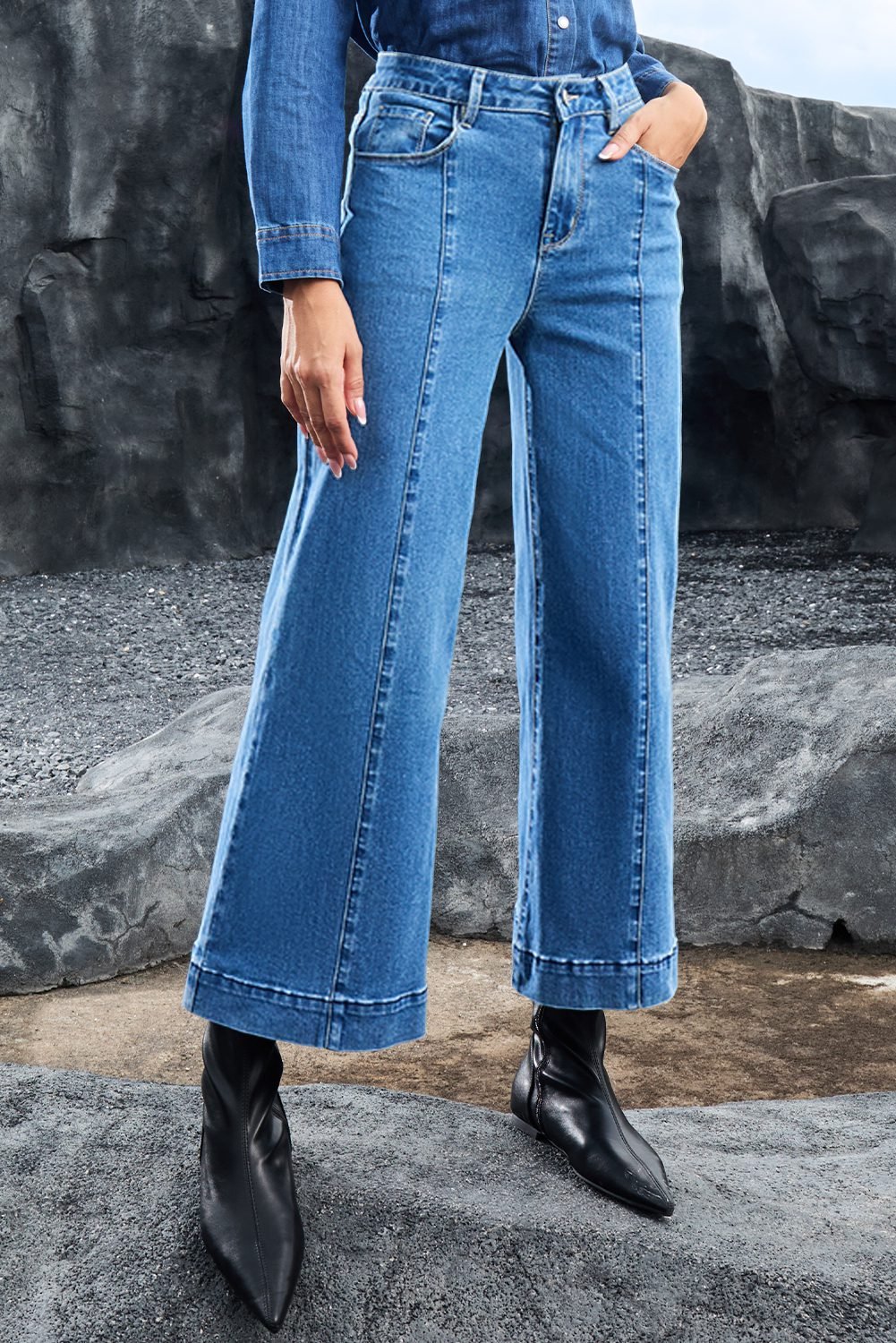 Dark Blue Plain Seam Detail Flared Bottom Ankle Length Jeans