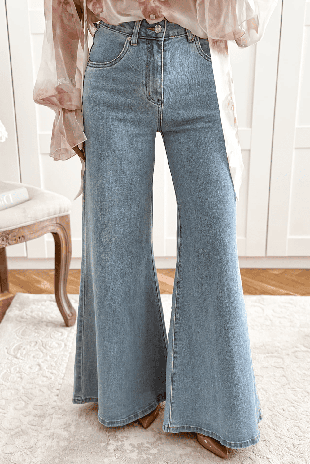 Beau Blue High Waist Button Zip Fly Bell Bottom Jeans