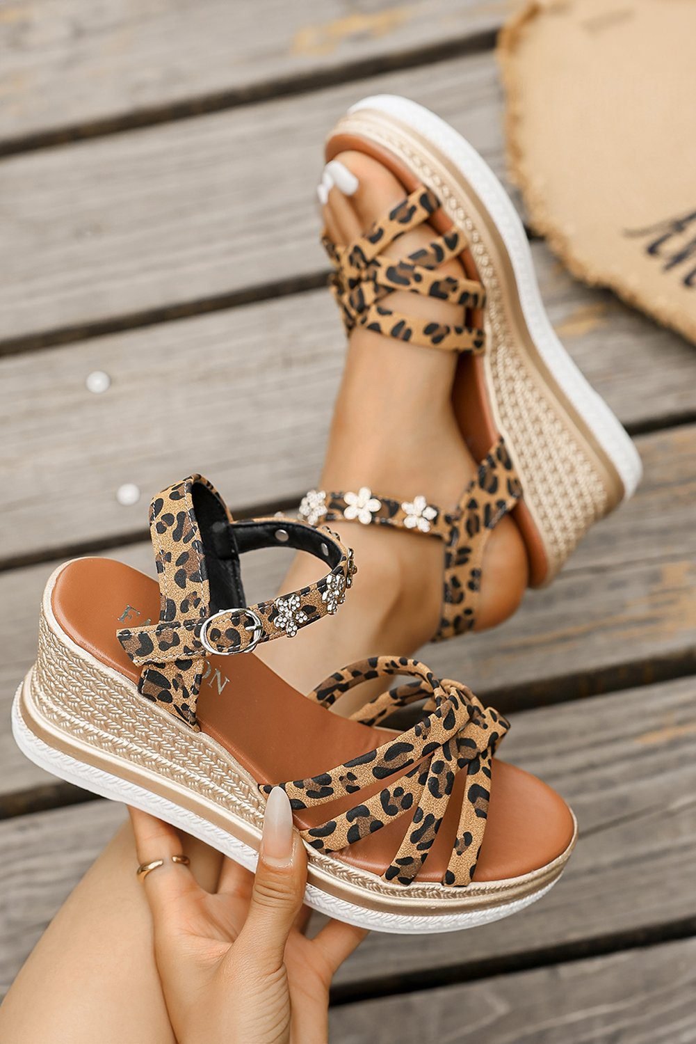Chestnut Rhinestone Flower Decor Leopard Strappy Wedge Sandals