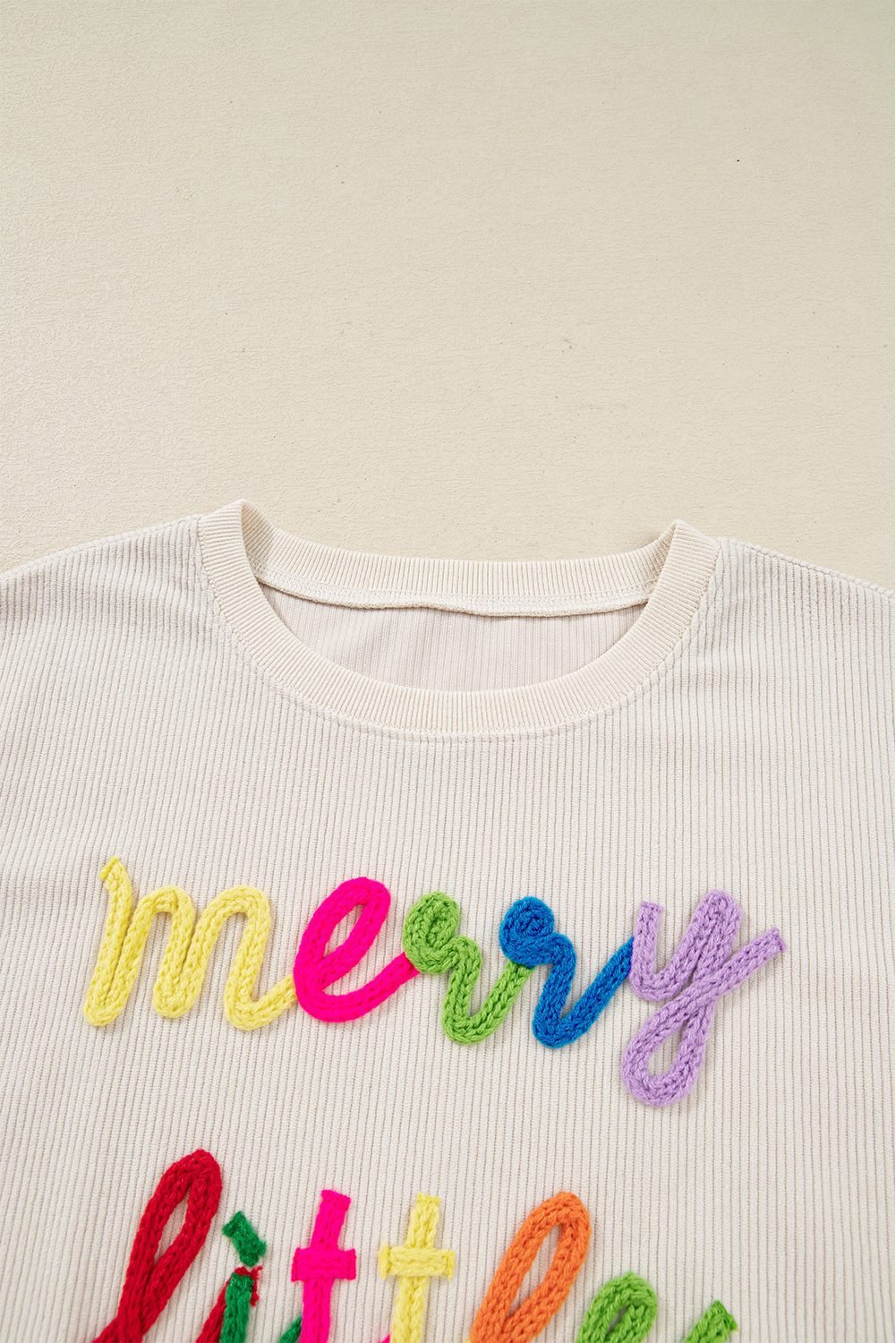 Beige Merry Little Thing Corded Letter Graphic Ribbed Loose Sweatshirt