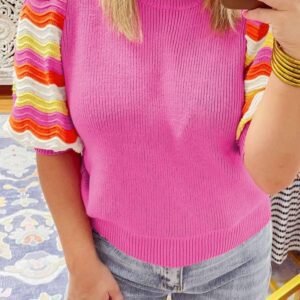 Pink Ribbed Knit Contrast Sleeve Sweater Top