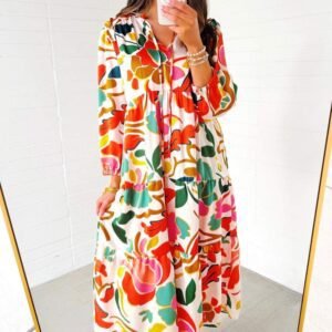 Orange Floral Print Split V Neck Tiered Maxi Dress