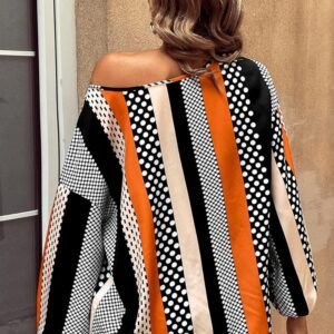 Orange Polka Dot Vertical Striped Printed Puff Sleeve Blouse