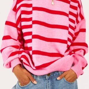 Pink Stripe Bubble Sleeve Drop Shoulder Ribbed Trim Sweater
