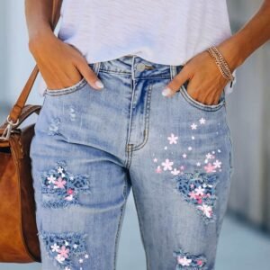Sky Blue Flower Leopard Patchwork Slim Fit Distressed Denim Shorts