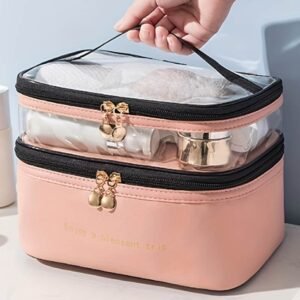 Pink Waterproof Pvc Double-Layer Cosmetic Bag