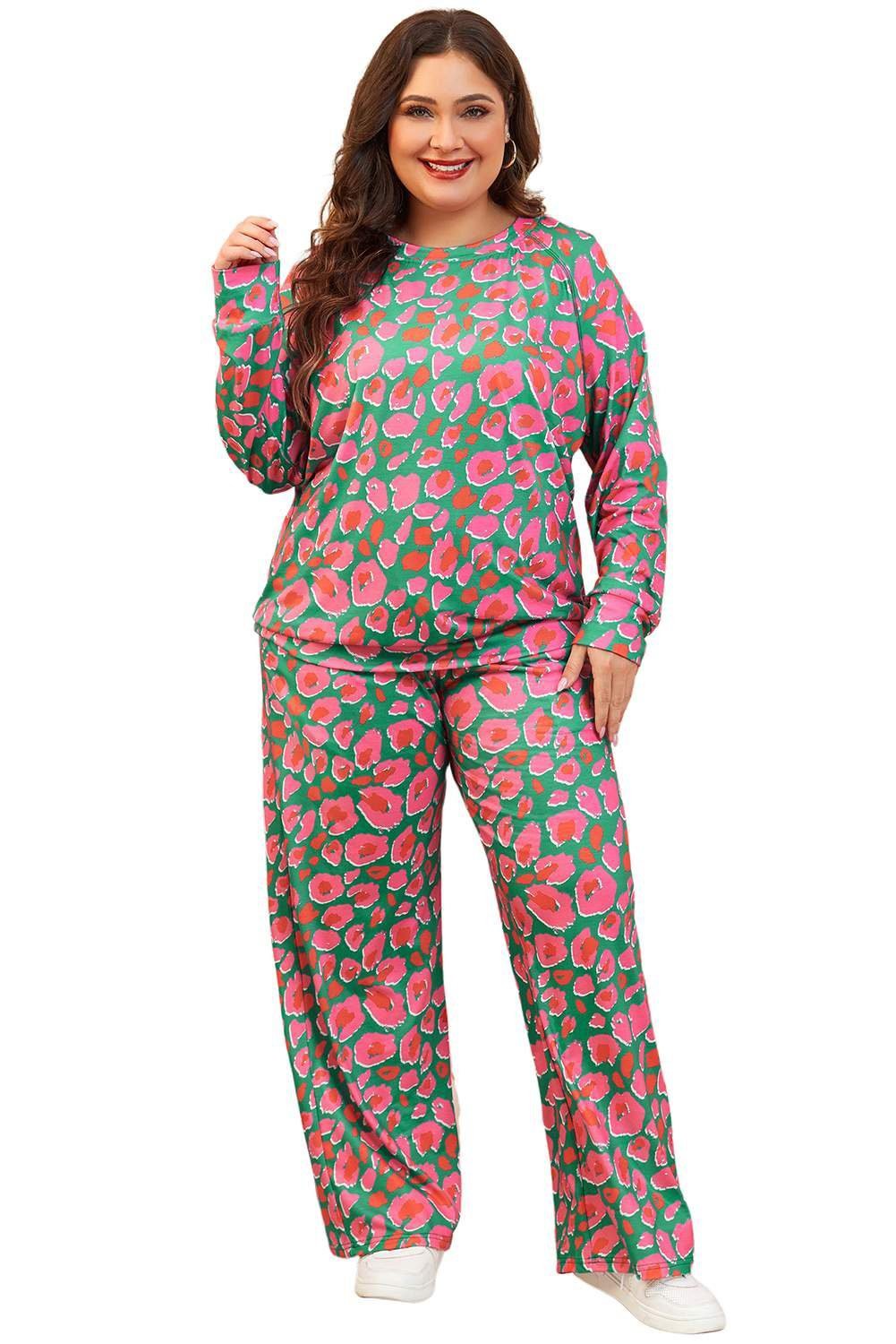Green Plus Size Printed Long Sleeve And Pants Lounge Set