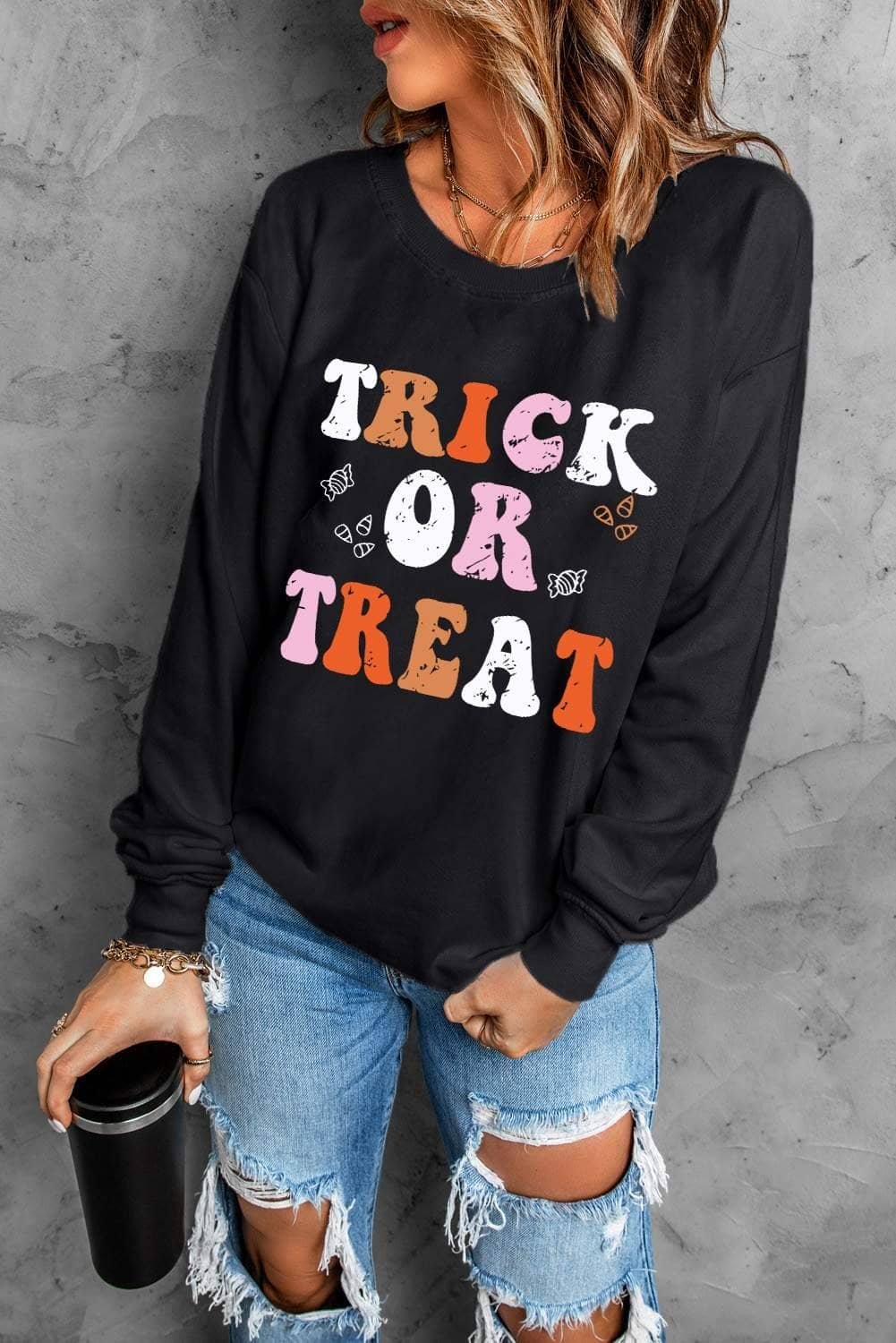 Black Trick Or Treat Graphic Crewneck Halloween Sweatshirt