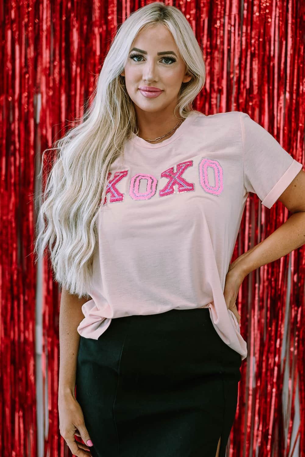 Pink Valentines Shiny Xoxo Graphic T-Shirt
