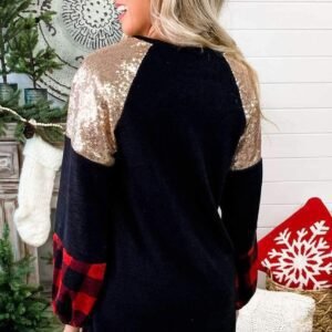 Crewneck Lantern Sleeve Plaid Sequin Splicing Pullover Sweatshirt