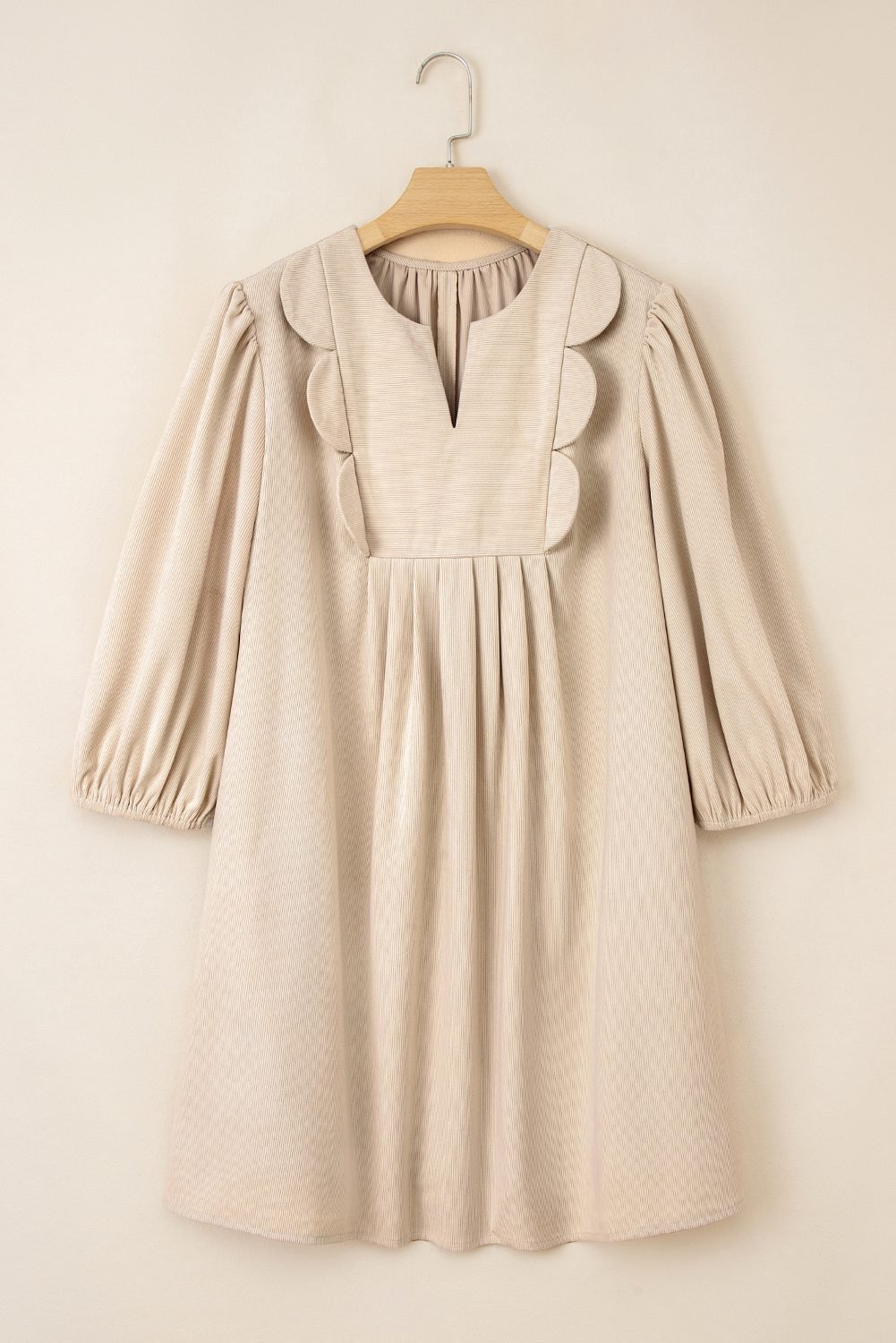 Parchment Notched Neck Scallop Detail Plus Size Mini Dress