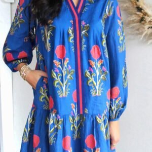 Sky Blue Floral Print Contrast Striped Trim Notched Neck Long Sleeve Dress