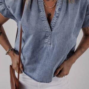 Dusk Blue V Neck Ruffled Short Puff Sleeve Denim Top