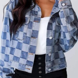 Light Blue Checkered Patchwork Button Up Denim Jacket