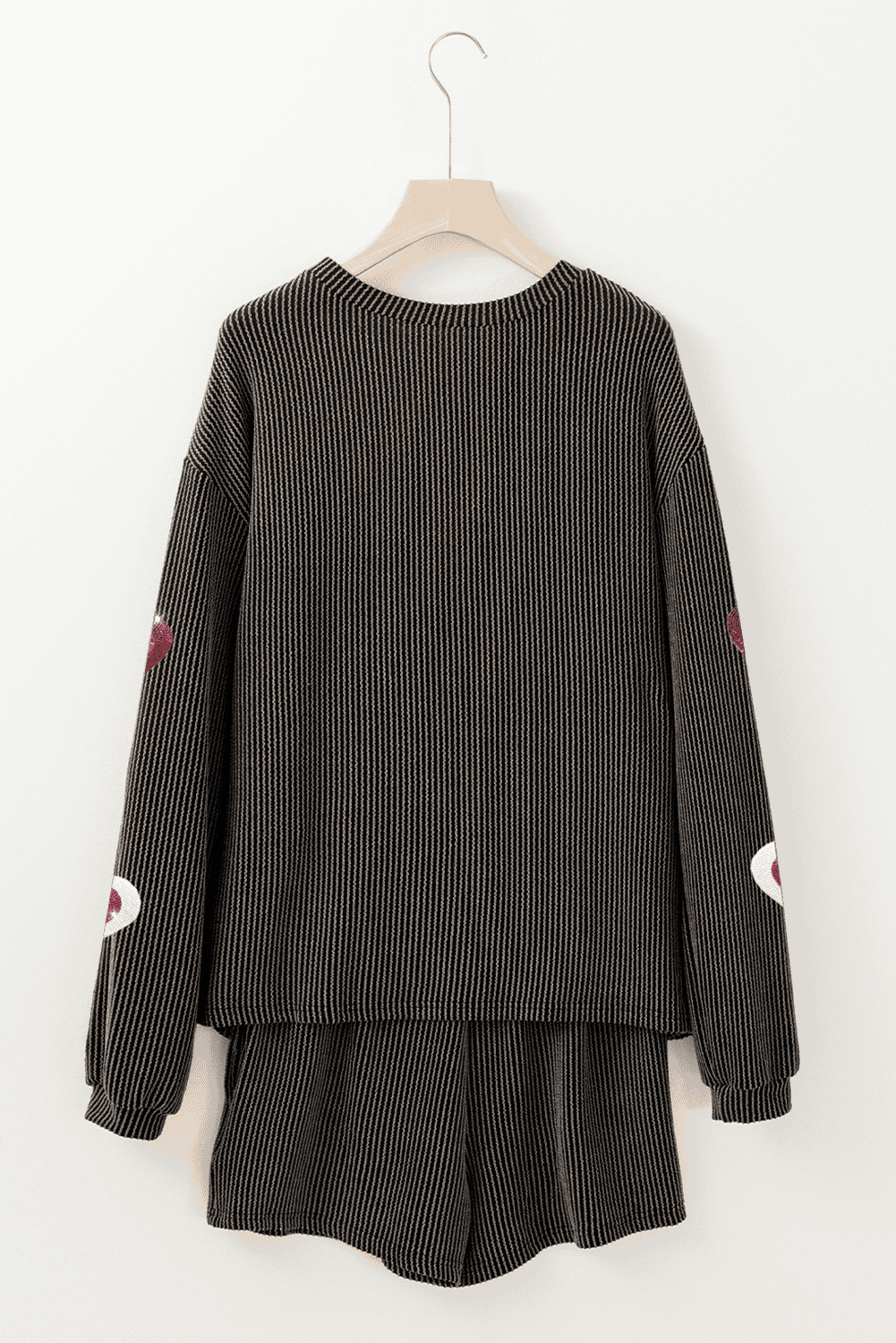 Carbon Grey Valentine Sequin Heart Corded Pullover And Shorts Set