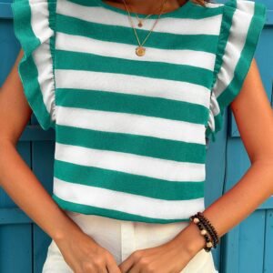 Green Stripe Flutter Sleeve Round Neck T Shirt