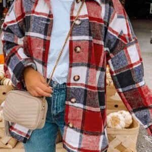 Red Hooded Plaid Button Front Shacket