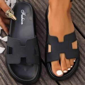 Black Cutout Design Open Toe Platform Slippers